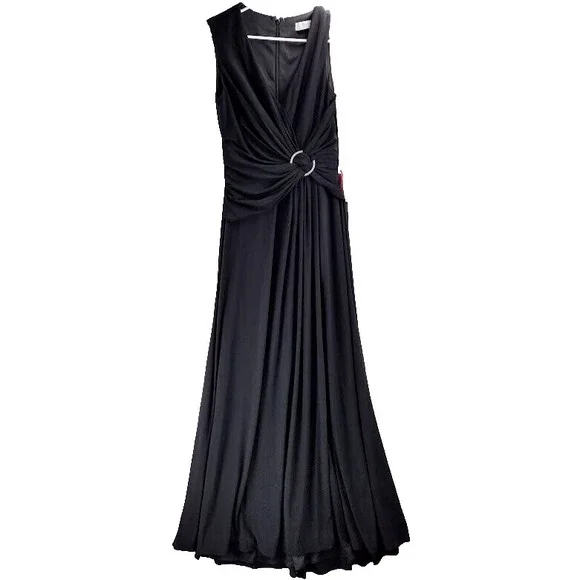 Ieena Mac Duggal 26890 Black V Neck Sleeveless Ruched Maxi Dress Side Slit Sz 6